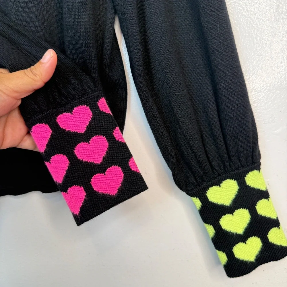 WISPR by Brodie BLACK Sweater with Neon Pink and Yellow Hearts Size XS
